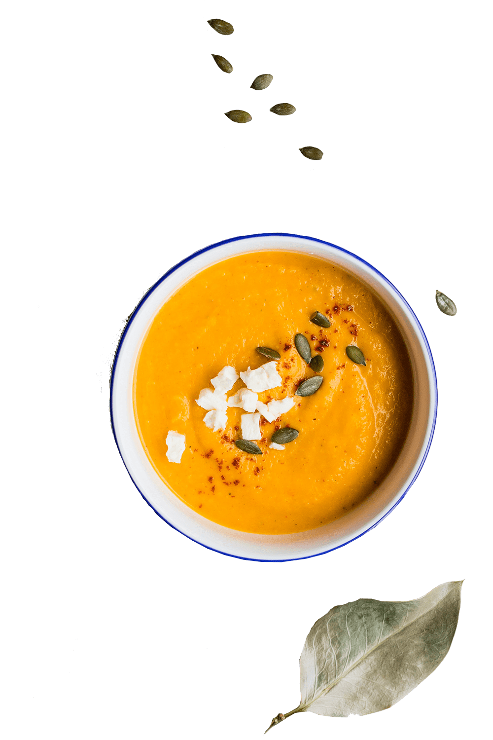 Overhead Bowl of Tomato Soup with Herb Leaves Transparent PNG Image