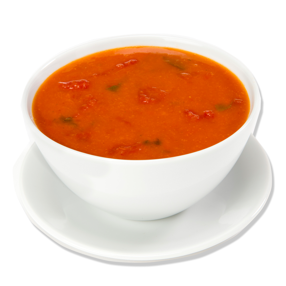 Smooth Red Tomato Soup in White Bowl and Saucer Transparent PNG Image