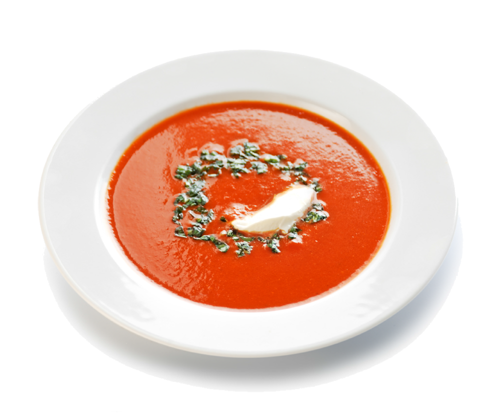 Tomato Cream Soup with Herb Swirl on White Plate Top View PNG Image
