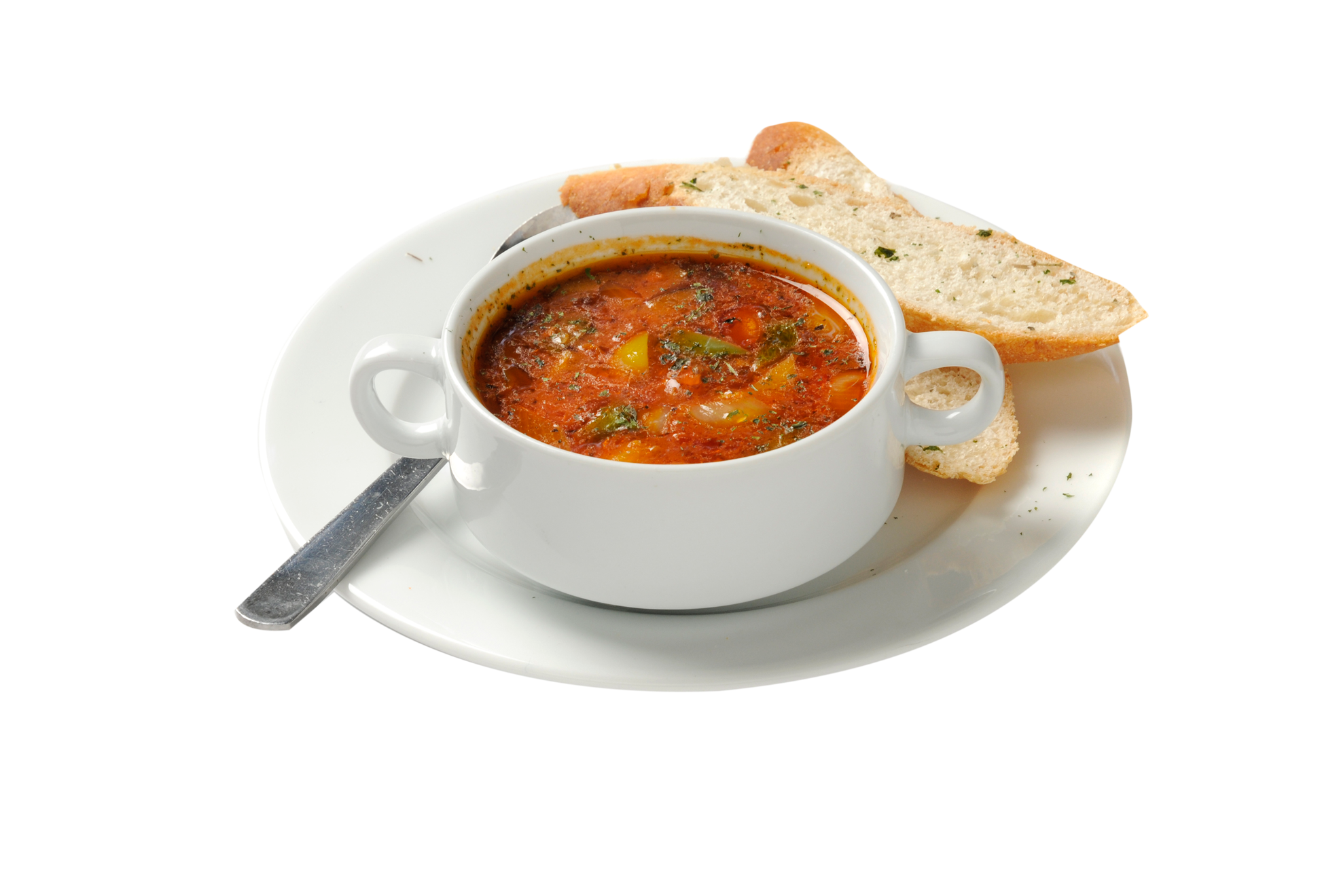 Tomato Soup with Bread Rolls and Spoon Transparent Background PNG Image