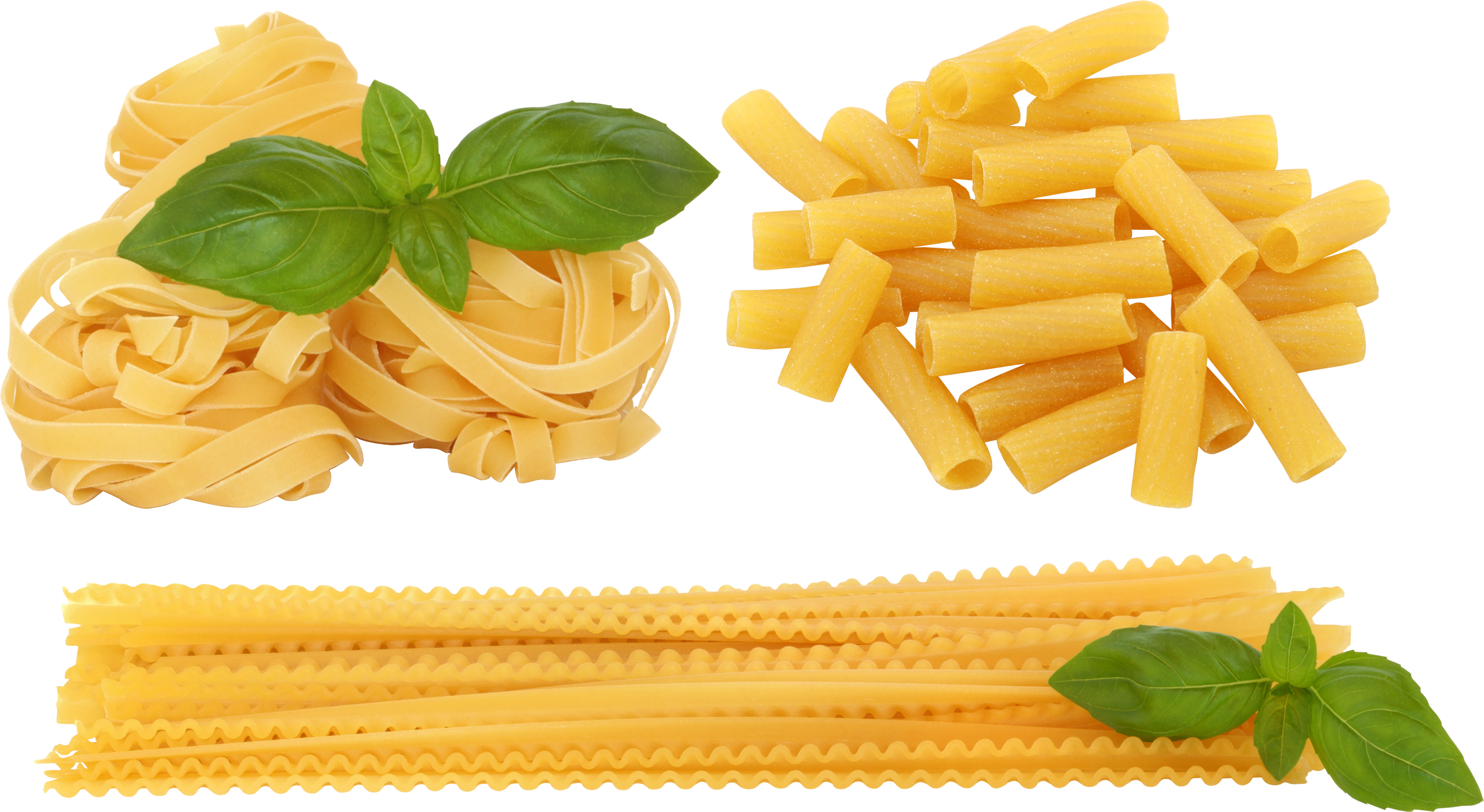 Assorted Uncooked Pasta Shapes with Spaghetti and Fresh Basil PNG Food Graphic