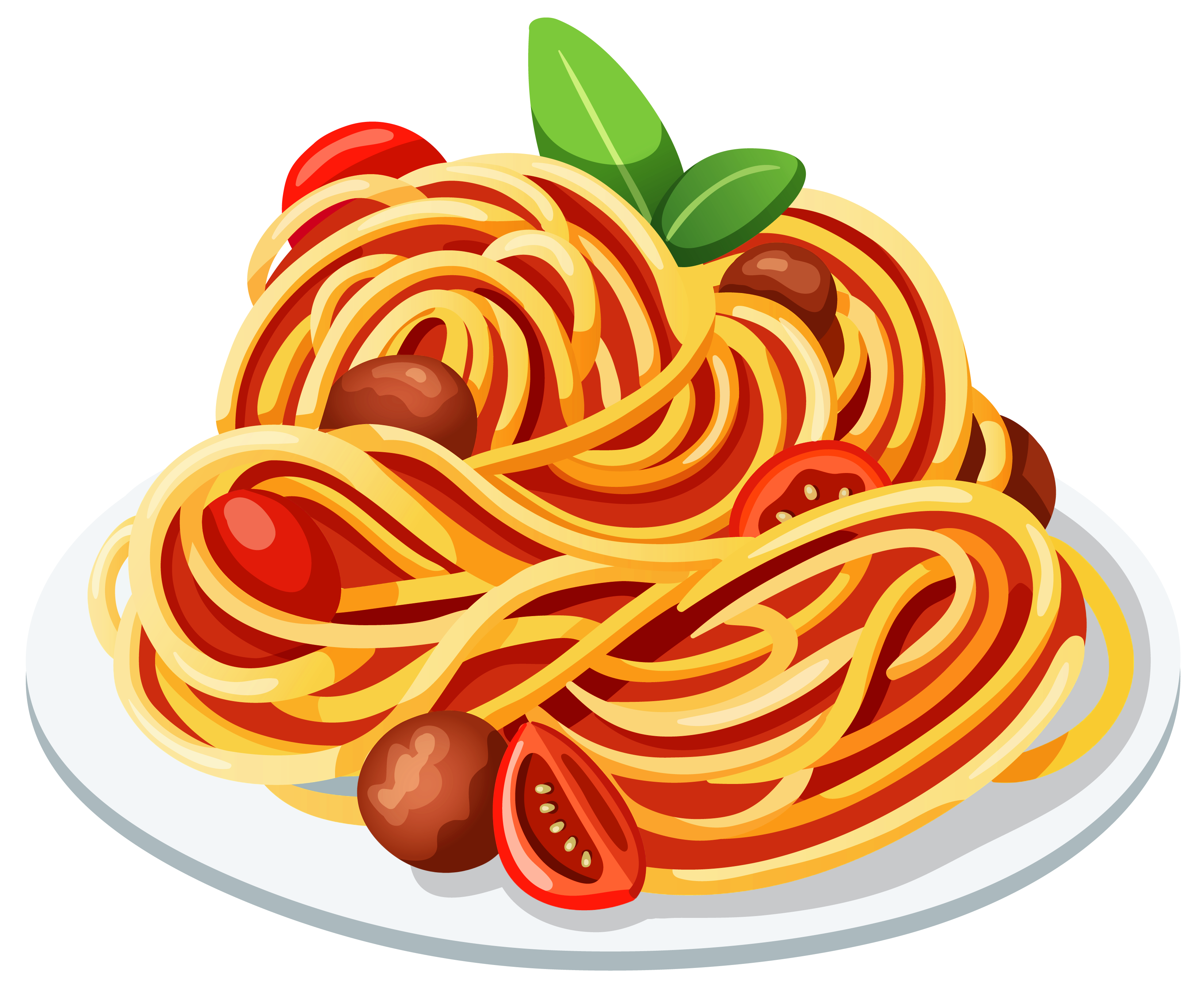 Cartoon Spaghetti Plate with Tomato Sauce Basil and Cherry Tomatoes PNG Illustration