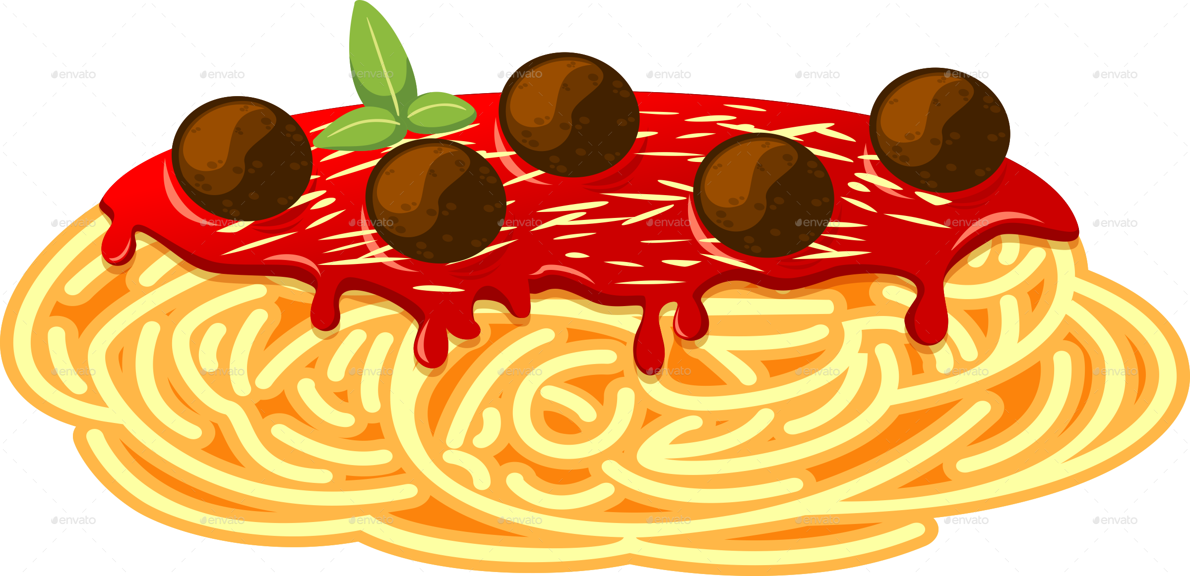 Cartoon Spaghetti with Tomato Sauce Olives and Basil on Plate PNG Food Illustration