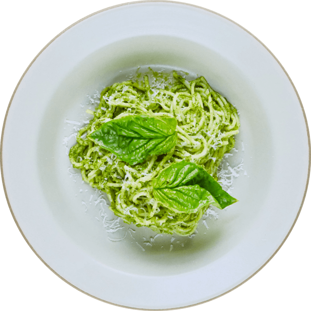 Green Pesto Spaghetti Pasta on White Plate Overhead PNG Food Image