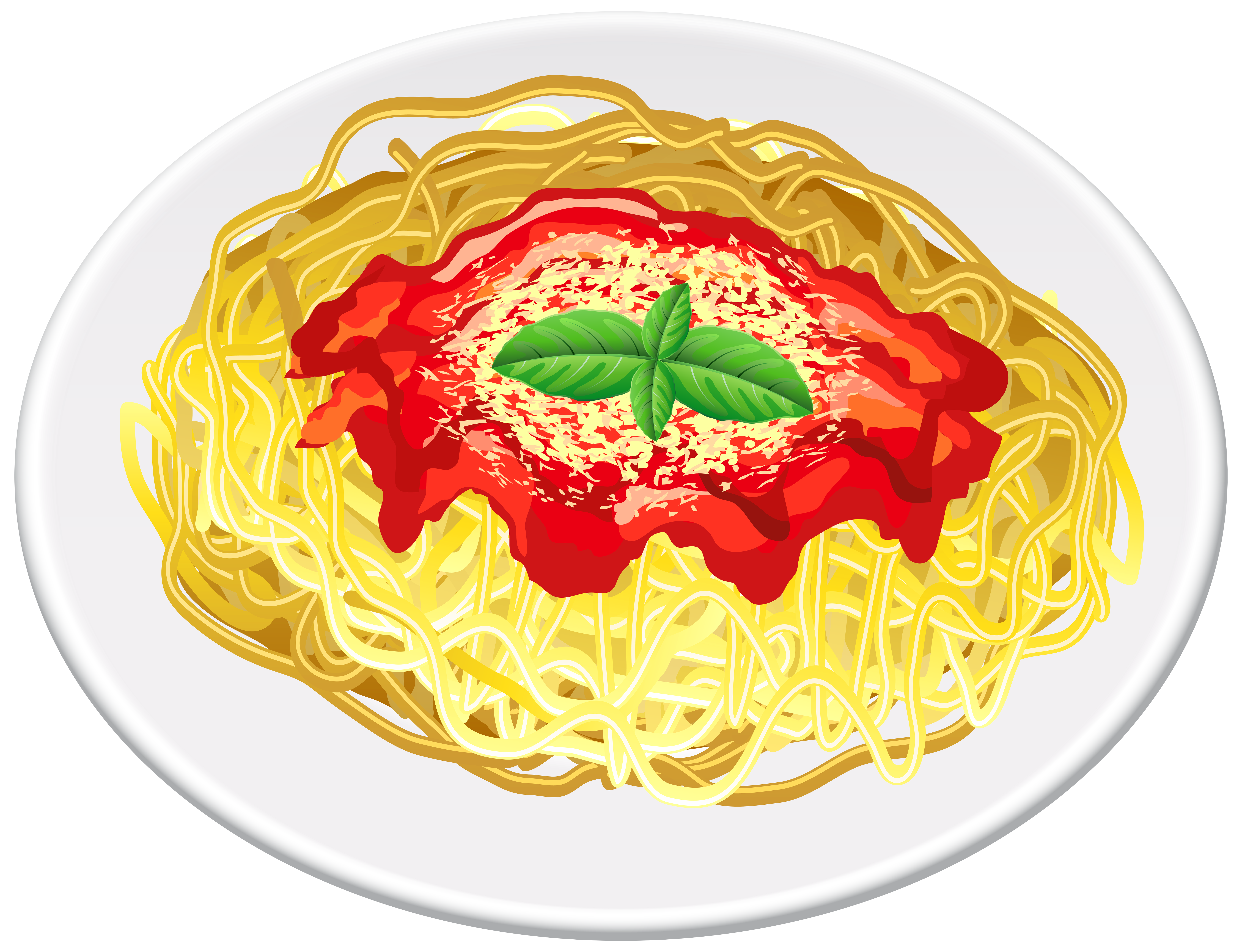 Overhead Spaghetti Pasta Nest with Tomato Sauce and Basil on Plate PNG Image