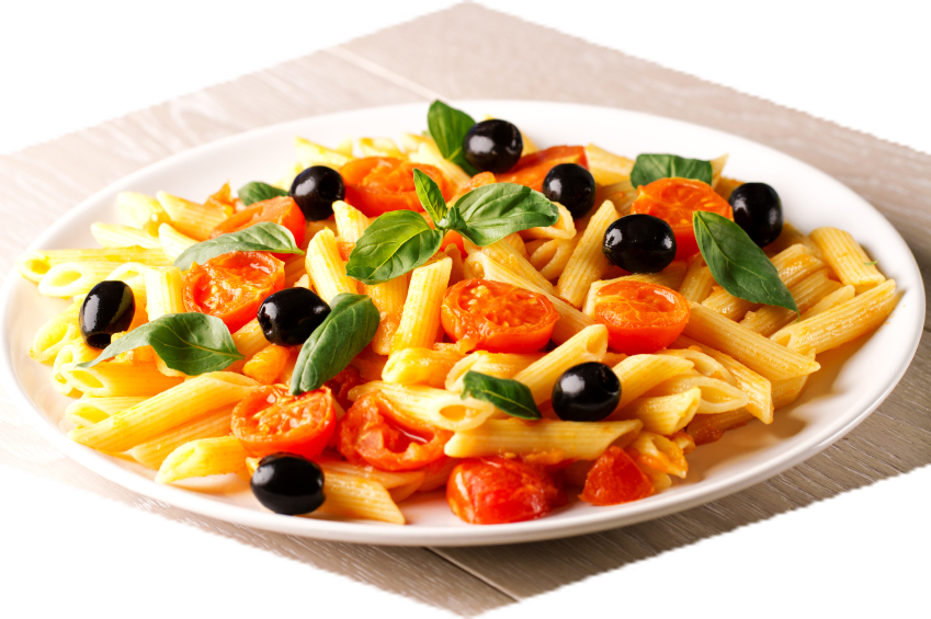 Pasta Salad with Tomato Olives and Vegetables in Takeaway Tray PNG Image