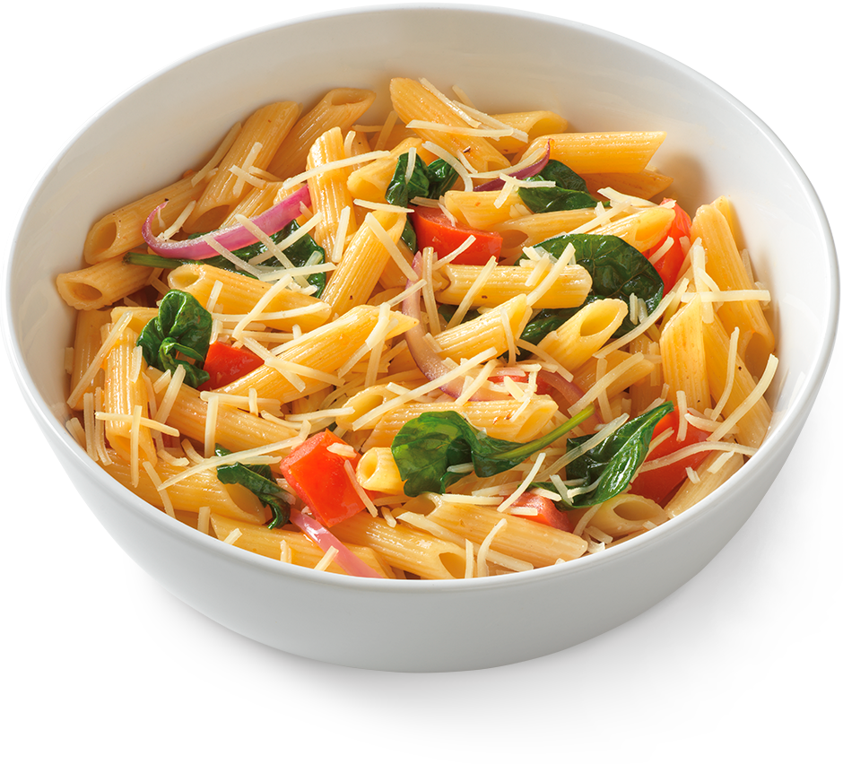 Penne Pasta Salad with Colorful Vegetables in White Bowl PNG Food Photo