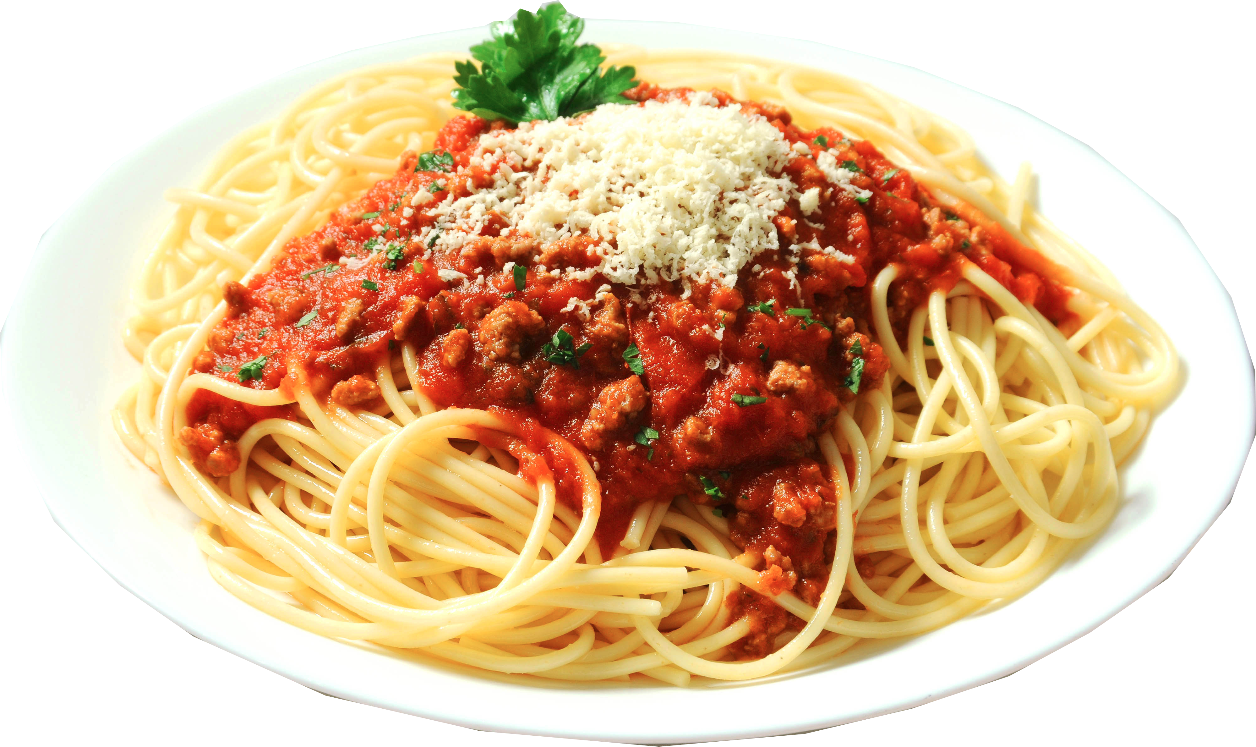Spaghetti Bolognese with Parmesan and Fresh Basil on White Plate PNG Image
