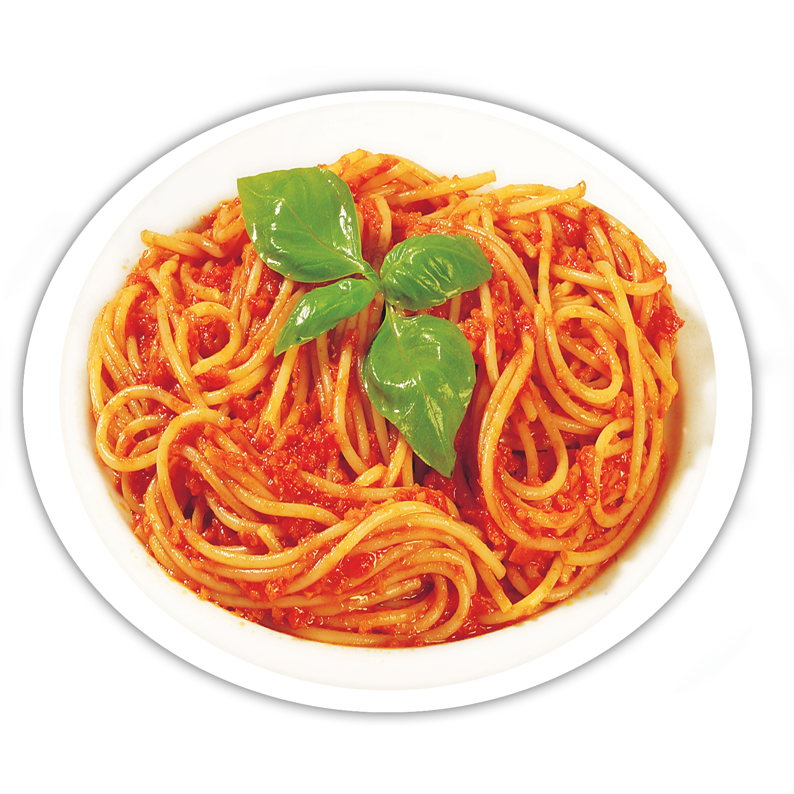 Spaghetti Marinara with Fresh Basil on Round White Plate PNG Food Photo
