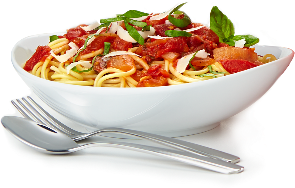 Spaghetti with Vegetables and Fresh Basil Served with Fork and Spoon PNG
