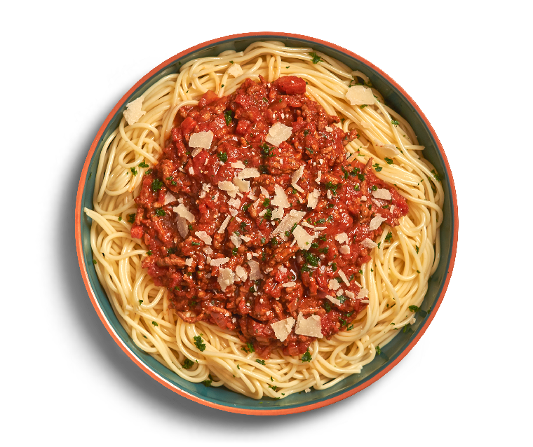Tomato Meat Sauce Spaghetti Cooking in Skillet Overhead PNG Food Image