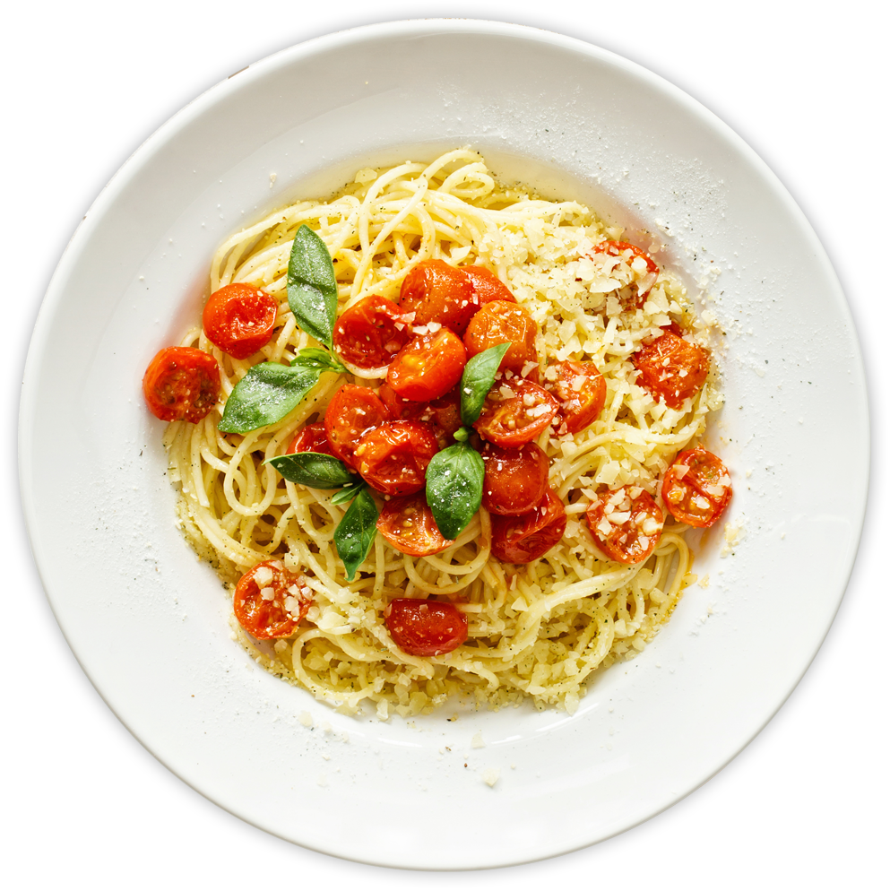 Top View Spaghetti with Cherry Tomatoes and Basil on White Plate PNG Image