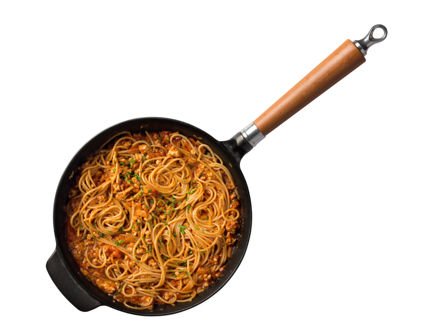 Spaghetti Pasta Stir Fry in Black Skillet with Wooden Handle PNG Food Photo