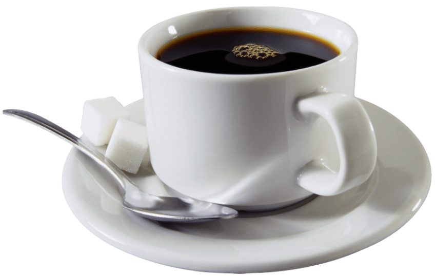 Black Coffee Cup with Sugar Cube on Spoon and Saucer Transparent PNG Image