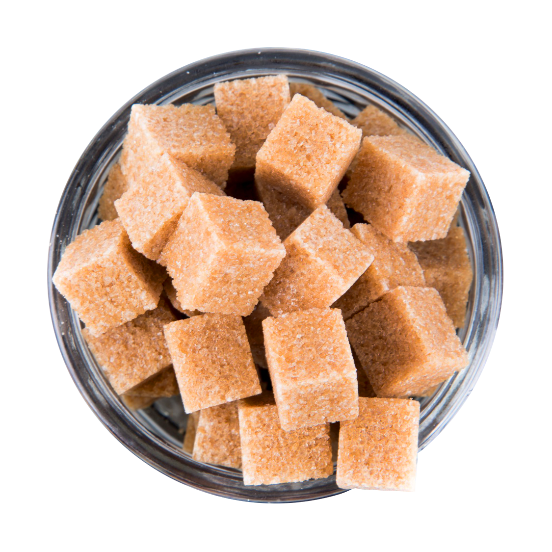 Brown Sugar Cubes in Clear Glass Bowl Overhead PNG Food Photo