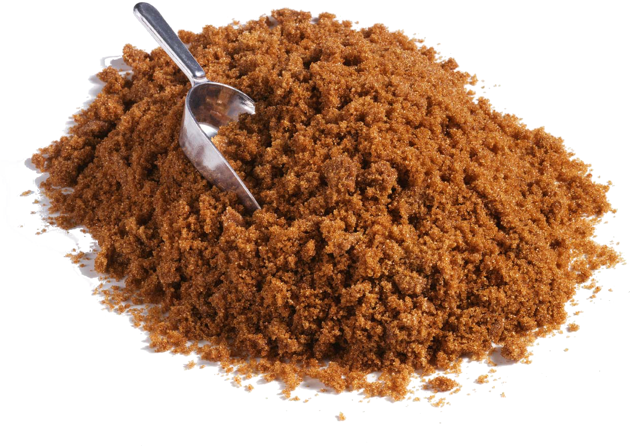 Brown Sugar Granules Pile with Wooden Spoon Isolated PNG Food Photo