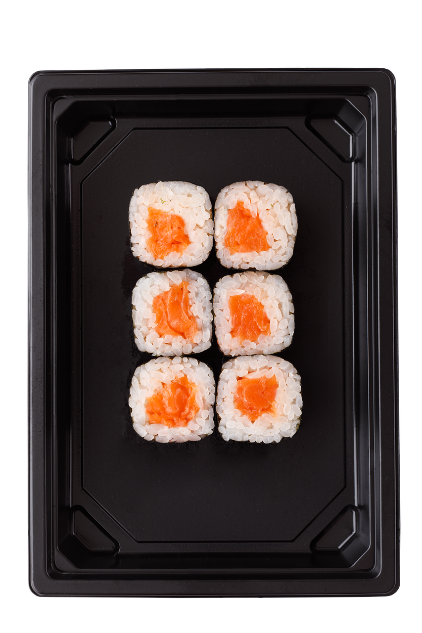 Four Salmon Maki Sushi Pieces in Black Takeaway Tray PNG Product Photo
