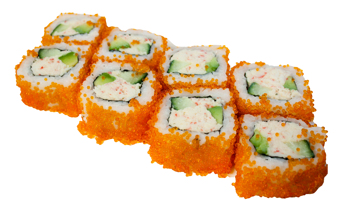 Golden Tempura Sushi Roll Pieces with Creamy Topping on White Plate PNG