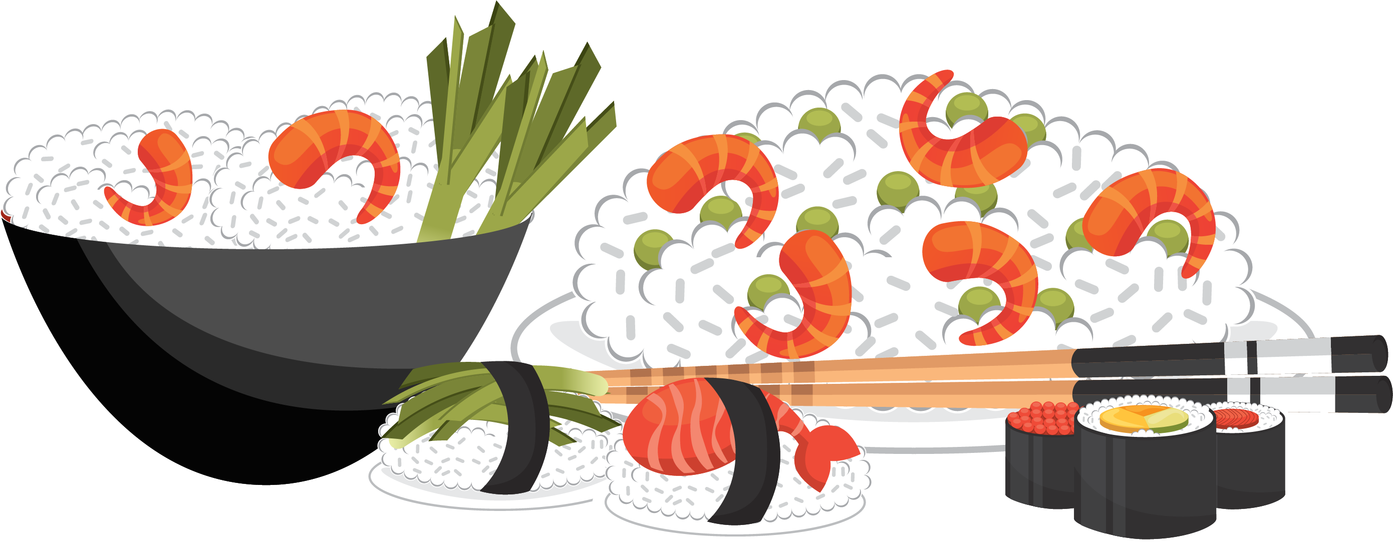 Japanese Sushi and Noodle Bowl Food Illustration with Chopsticks PNG Graphic