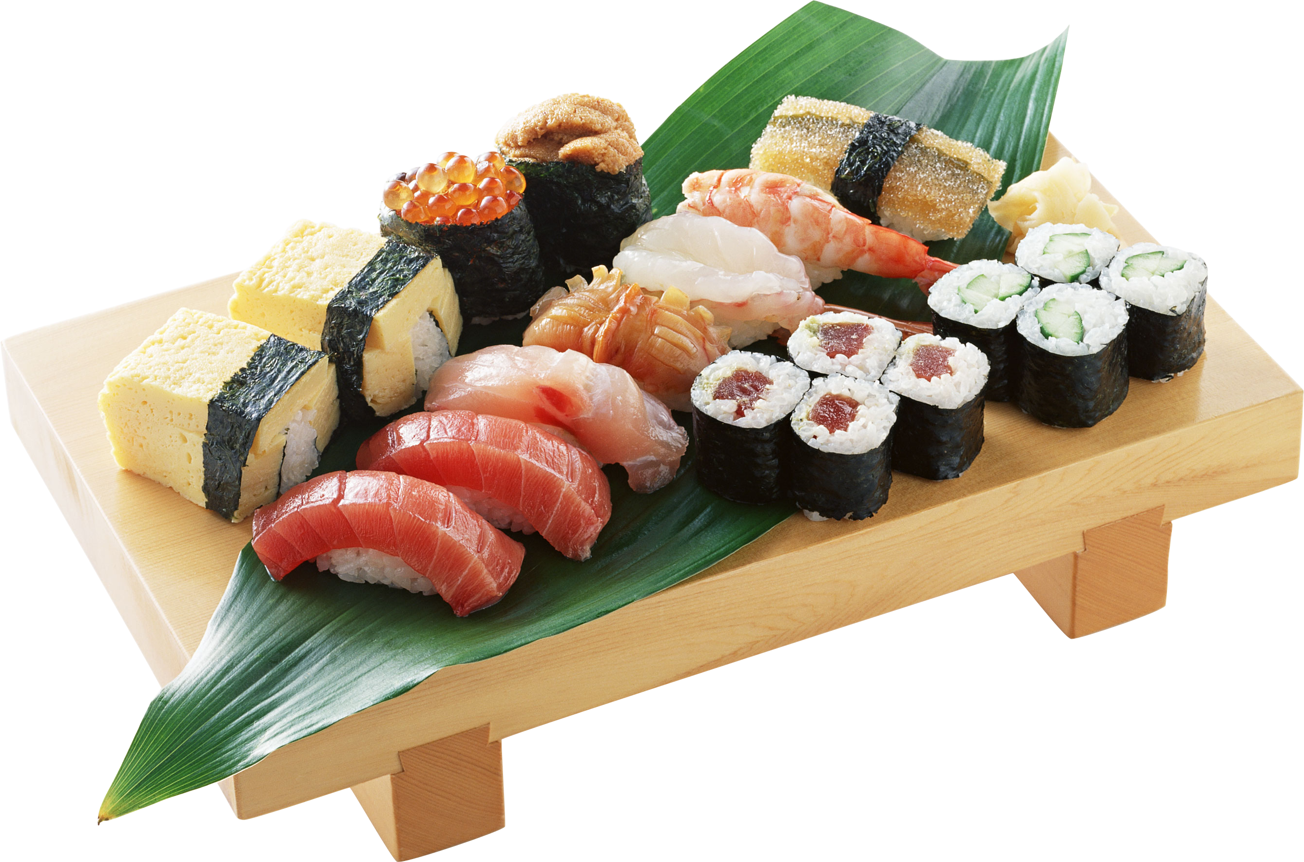 Japanese Sushi Assortment Displayed in Wooden Boat Serving Tray PNG Food Photo