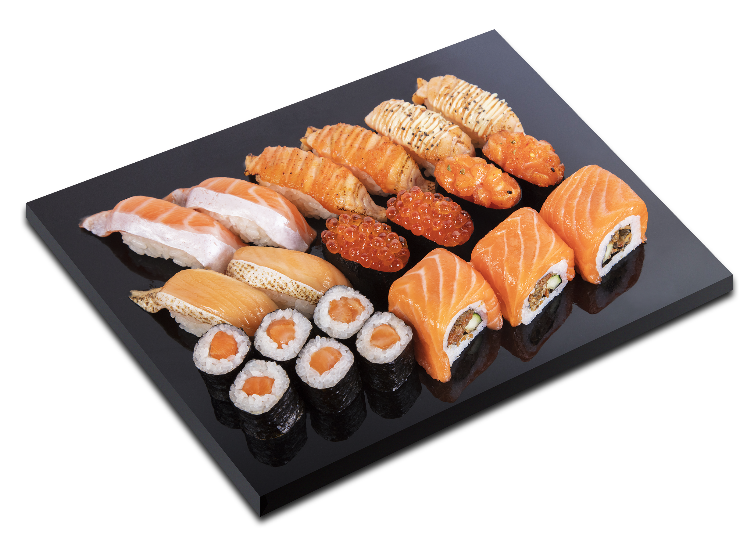 Japanese Sushi Variety Platter on Black Rectangular Tray PNG Restaurant Photo