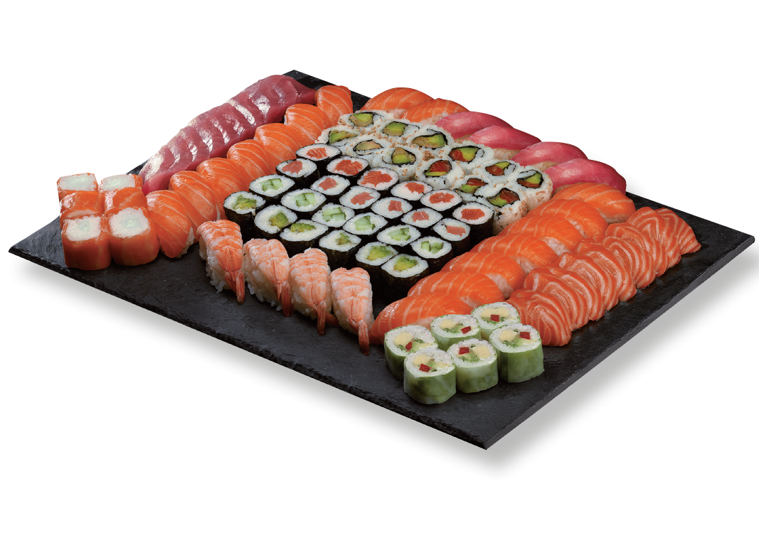 Large Assorted Sushi Roll and Nigiri Platter on Black Tray PNG Photo