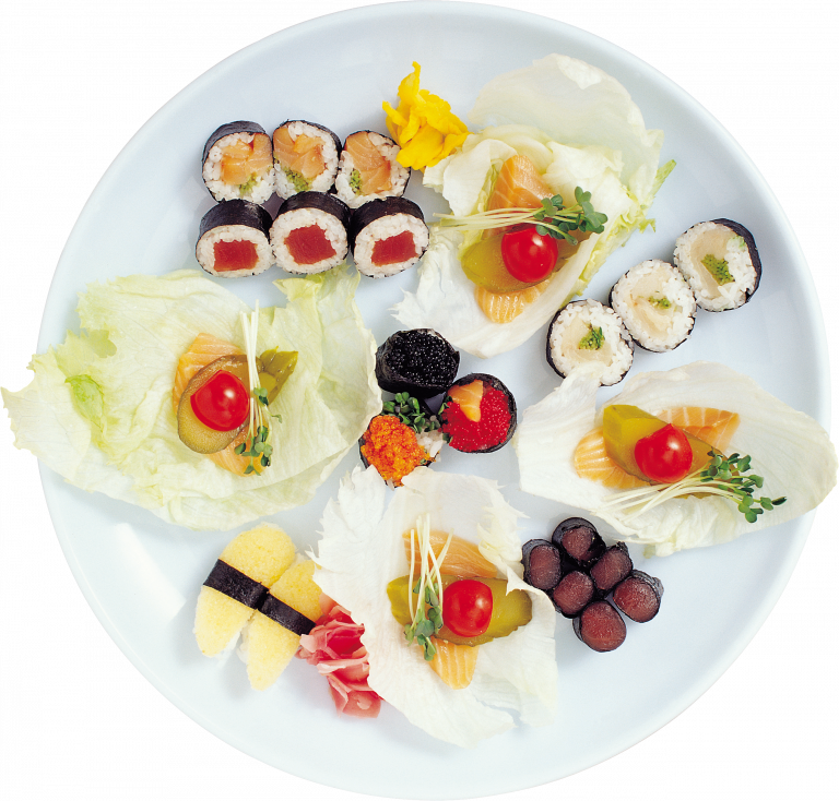 Overhead Round Plate of Colorful Assorted Sushi Pieces PNG Restaurant Image
