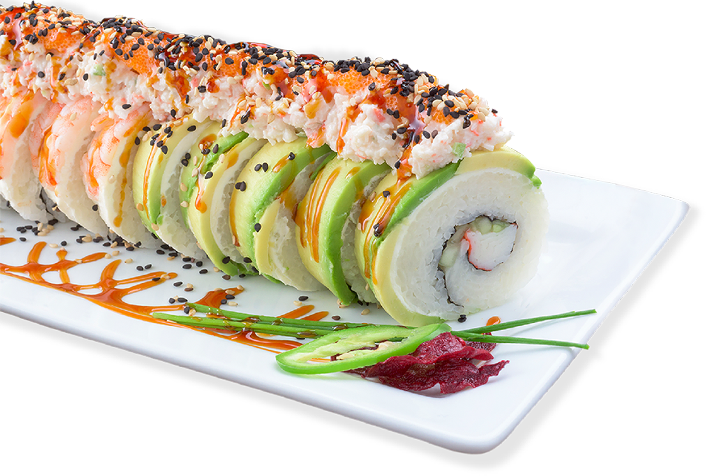 Rainbow Sushi Roll with Assorted Fish Toppings on White Plate PNG Image