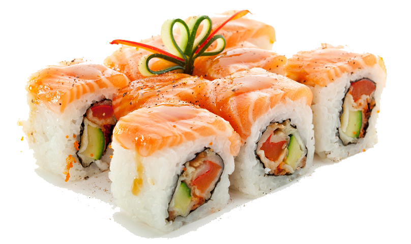 Salmon Avocado Sushi Roll Slices with Decorative Sauce on Plate PNG Food Photo