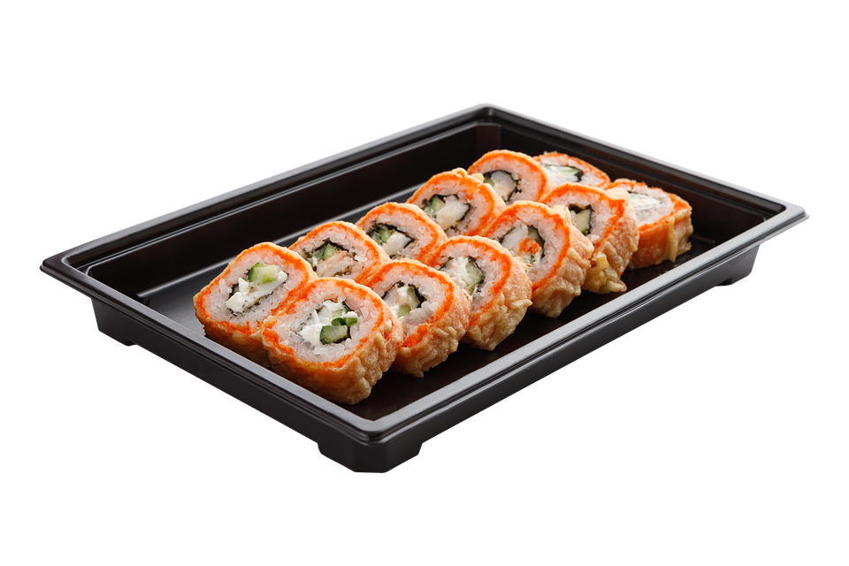 Salmon Maki Sushi Roll Slices in Black Serving Tray PNG Food Photo