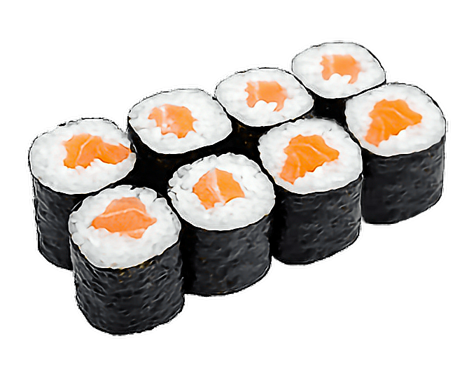 Salmon Maki Sushi Roll Slices Wrapped in Nori on White Plate PNG Image