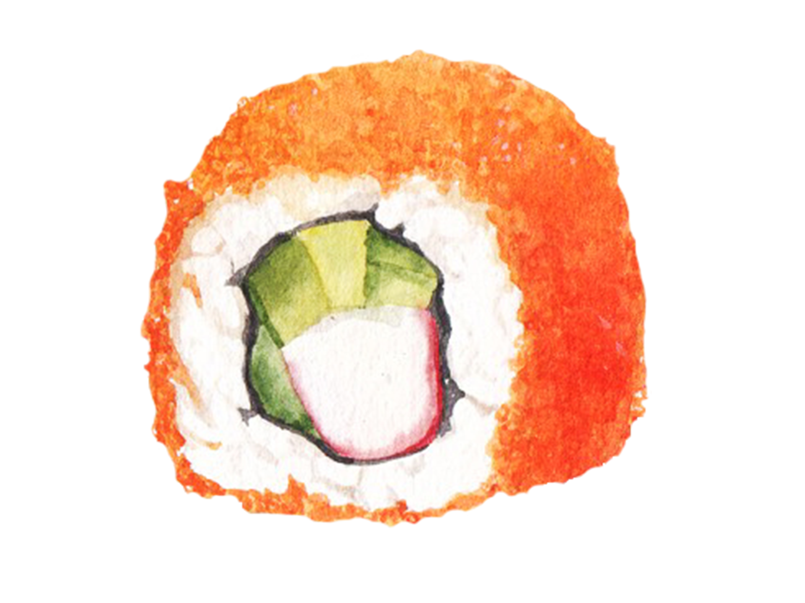 Salmon Roe Sushi Roll Cross Section with Cucumber Center PNG Food Cutout
