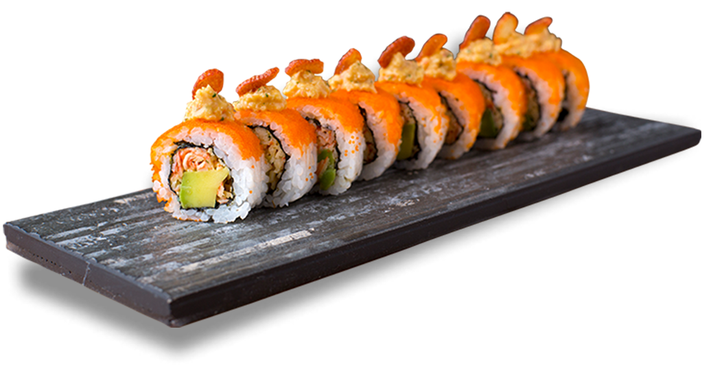 Salmon Topped Sushi Rolls on Black Serving Plate Transparent PNG Image