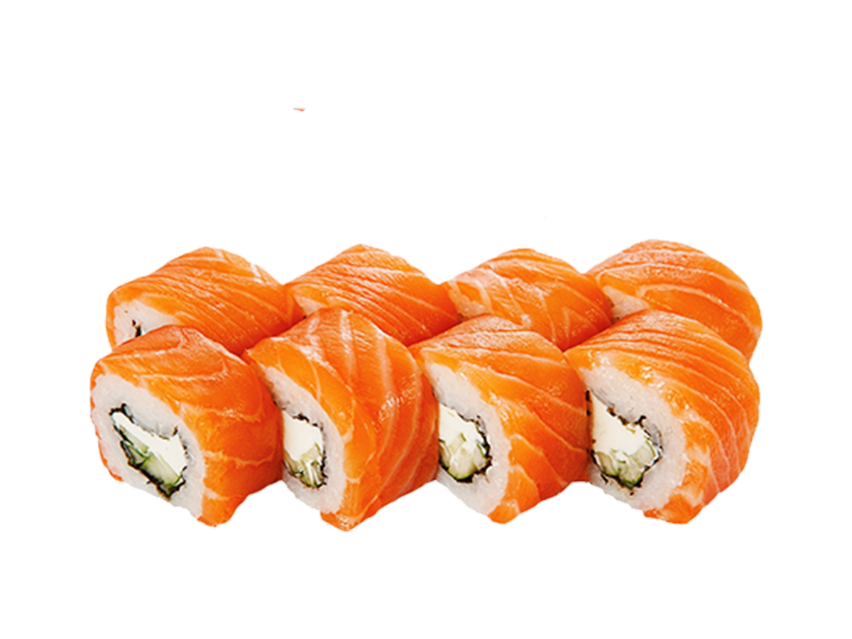 Salmon Wrapped Sushi Rolls with Avocado Filling on White Plate PNG Food Photo