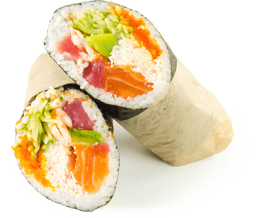 Sushi Burrito Roll Cut Open with Salmon Avocado and Vegetable Filling PNG Image