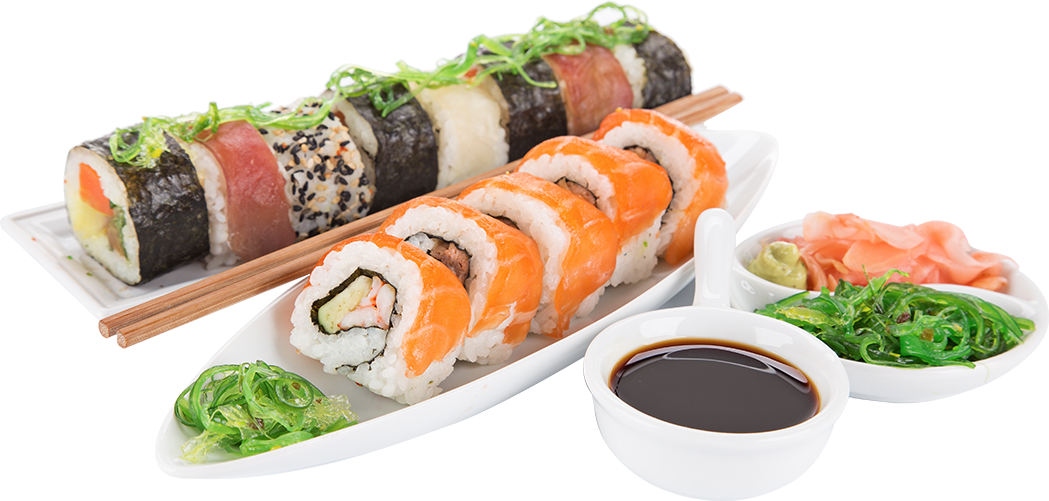 Sushi Platter with Salmon Nigiri Maki Rolls and Soy Sauce PNG Food Photo