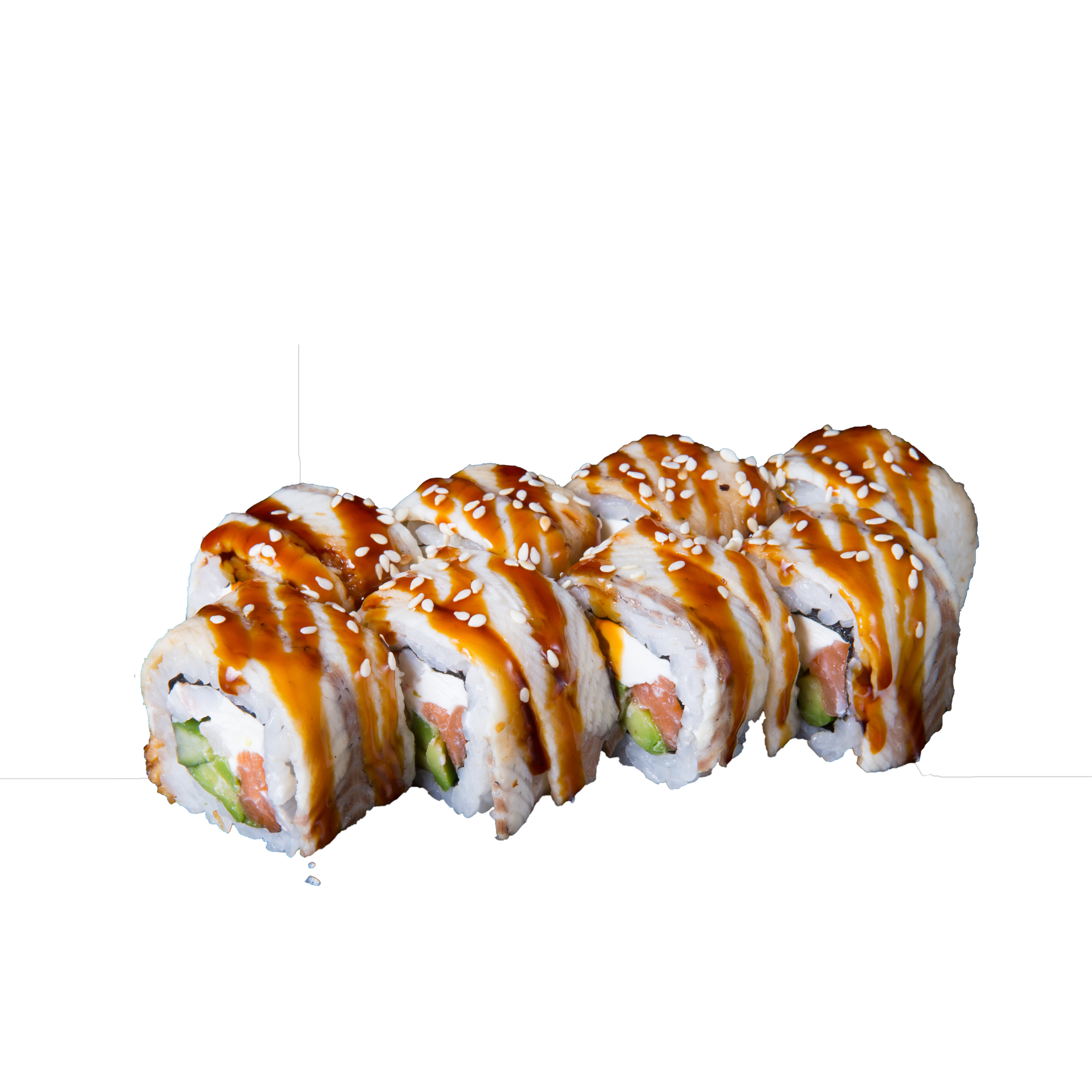 Sushi Roll Slices Topped with Creamy Sauce and Sesame PNG Food Cutout