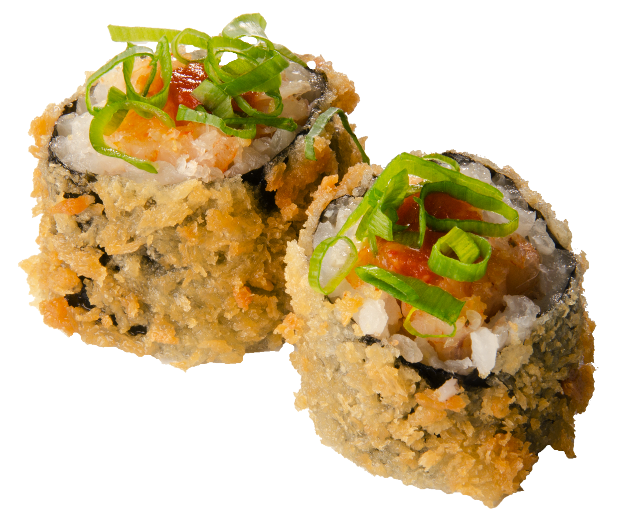 Tempura Sushi Rolls with Sauce and Green Onion Garnish PNG Food Image