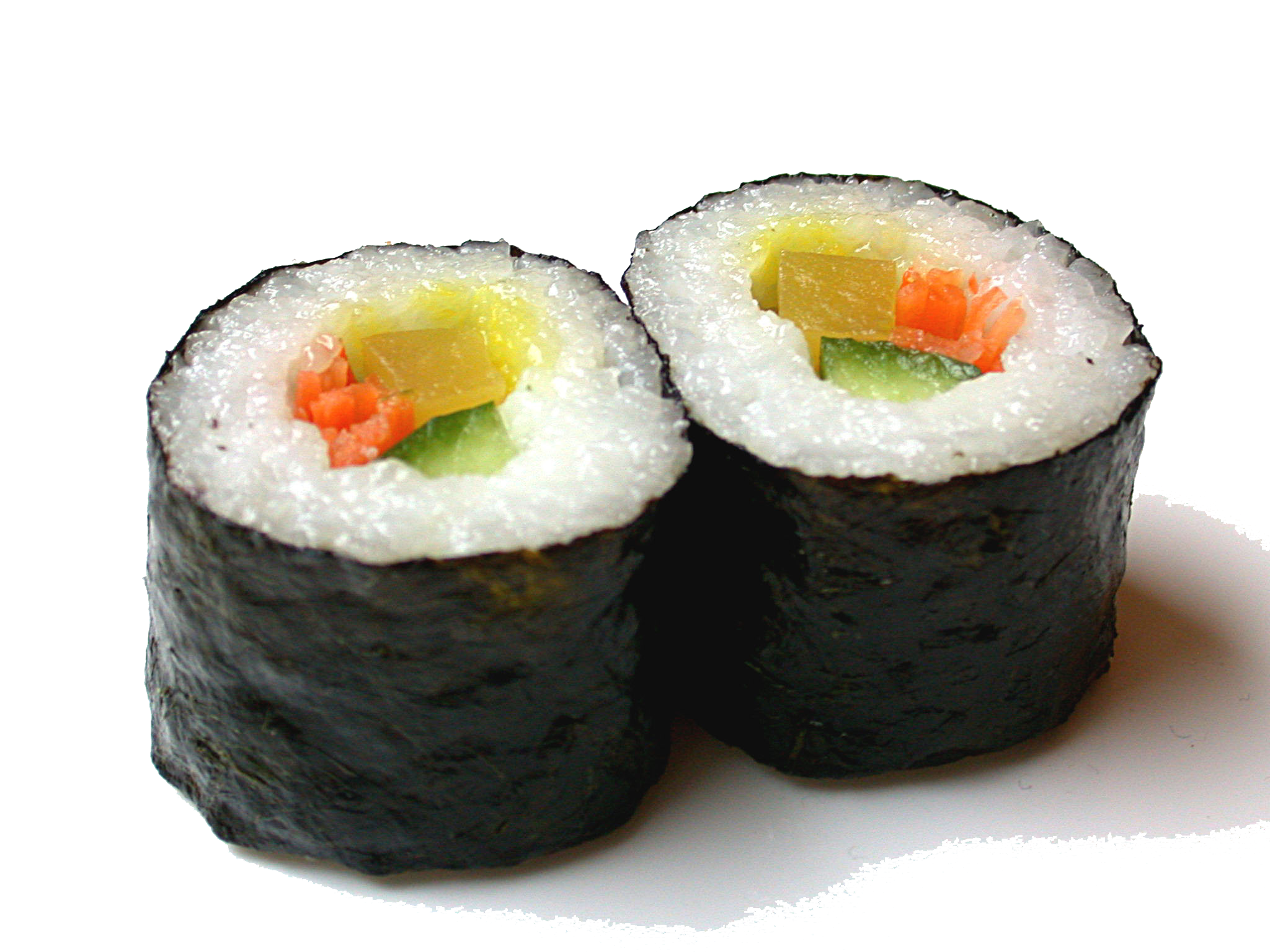 Two Nori Wrapped Maki Sushi Pieces with Cucumber and Salmon Center PNG Image