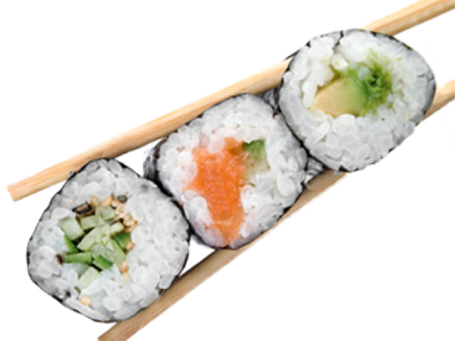 Two Salmon and Cucumber Maki Sushi Rolls with Chopsticks PNG Cutout Photo