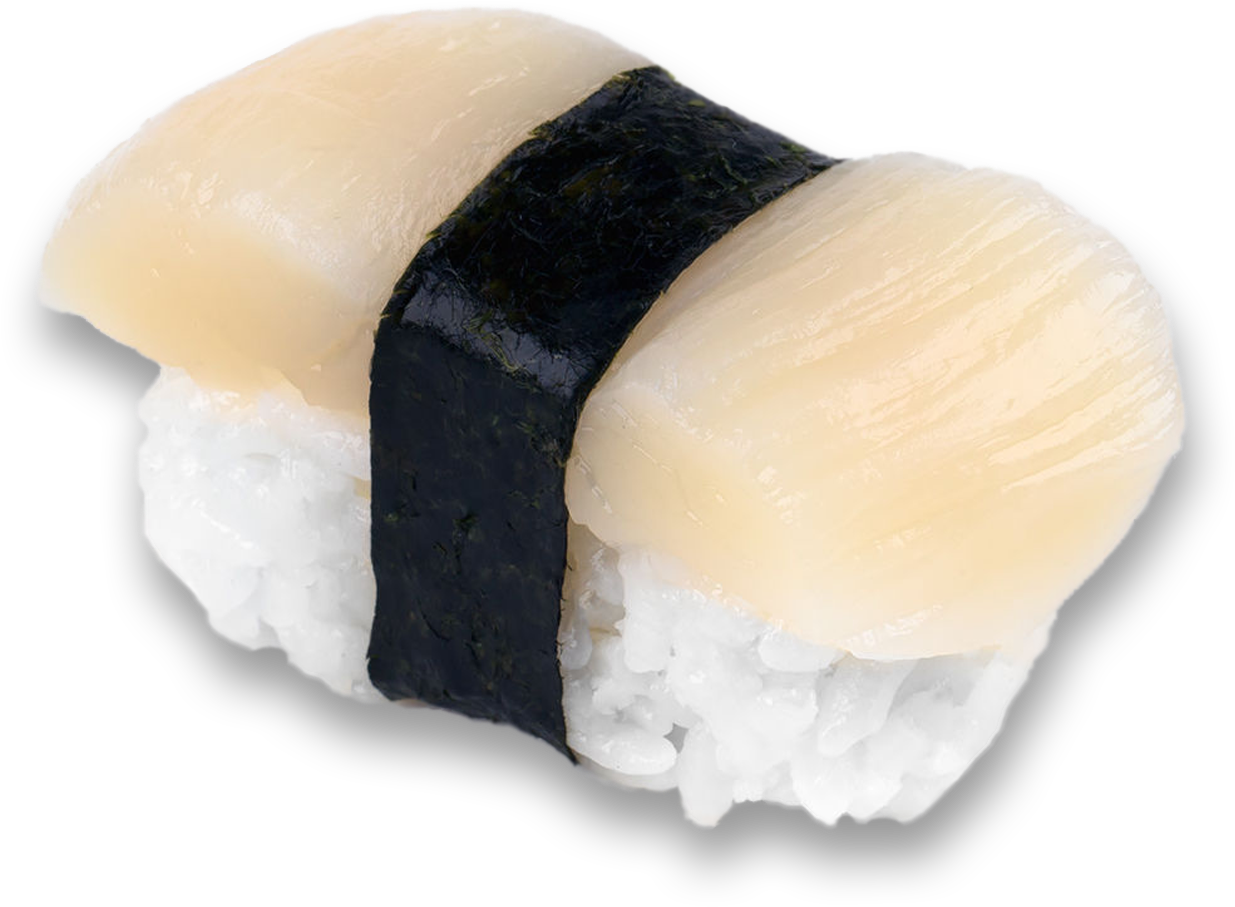 Two White Fish Nigiri Sushi Pieces Wrapped with Black Nori PNG Food Image