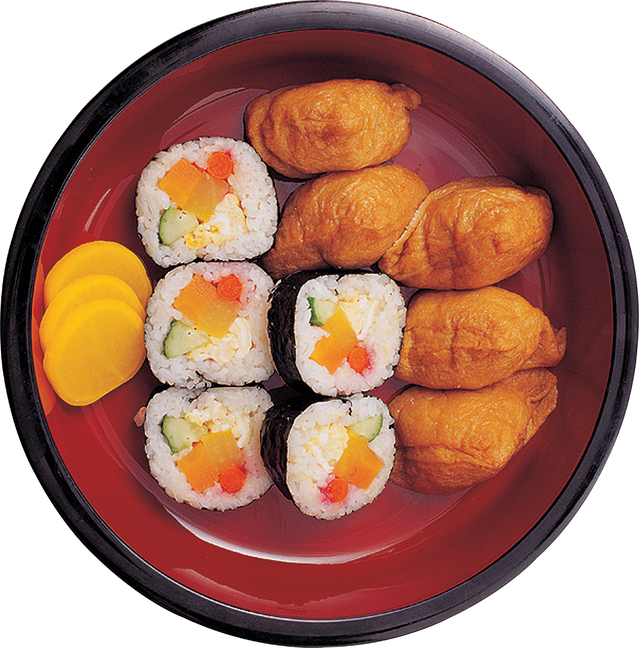 Assorted Japanese Sushi Pieces in Dark Round Serving Dish PNG Food Image