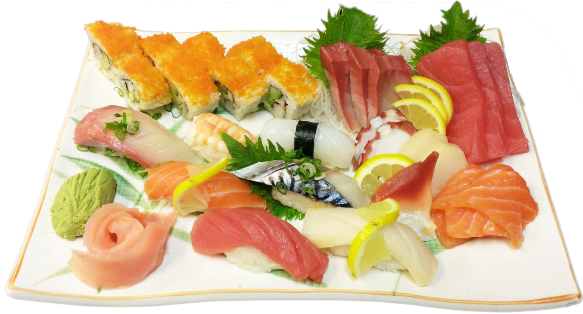 Assorted Sashimi and Sushi Seafood Platter with Fresh Garnish PNG Image