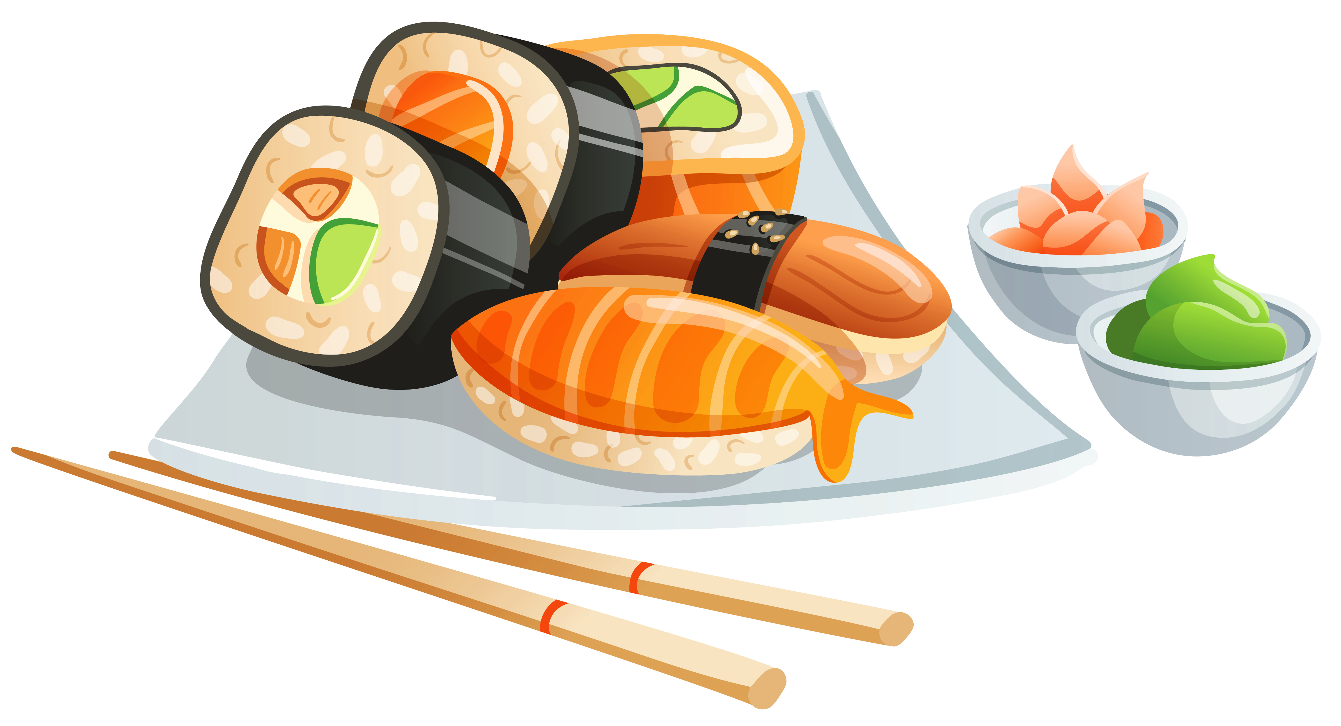 Assorted Sushi Platter with Chopsticks Soy Sauce and Garnish PNG Food Photo