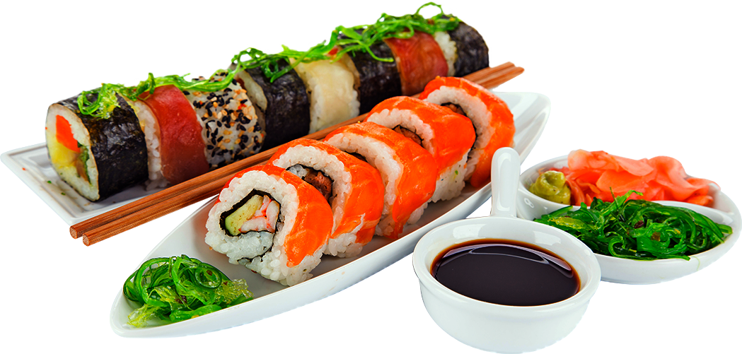 Assorted Sushi Platter with Dipping Sauce Chopsticks and Garnish PNG Image