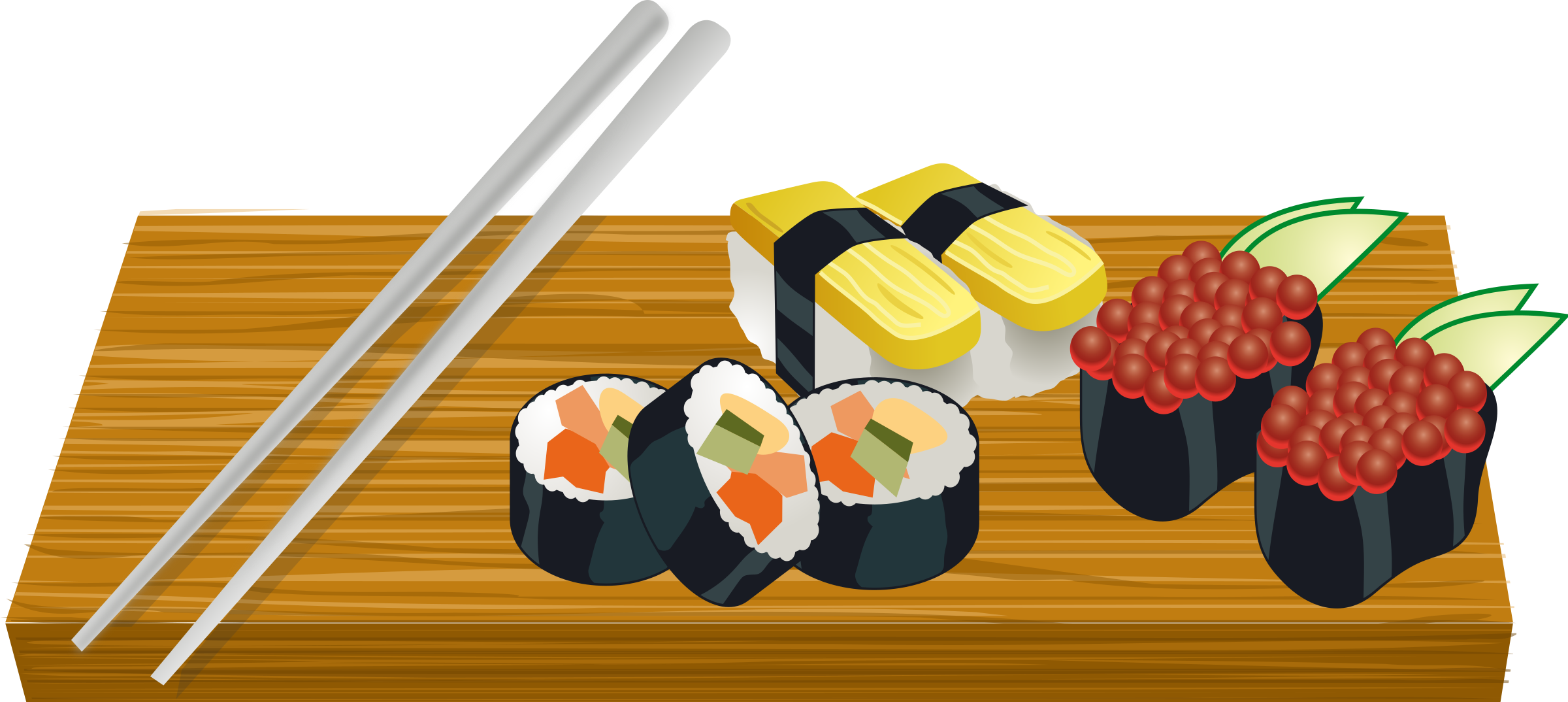 Assorted Sushi Rolls and Nigiri in Wooden Boat with Chopsticks PNG Image