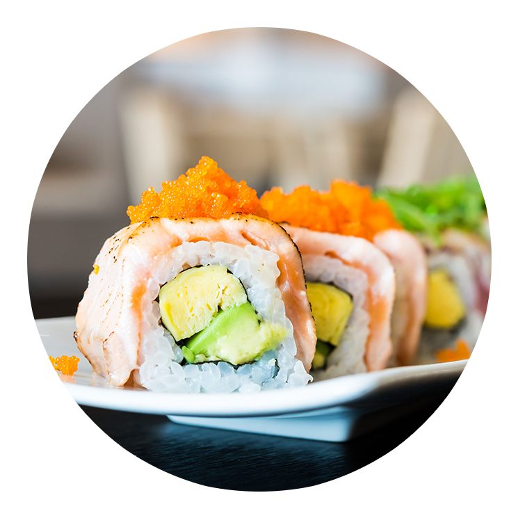 Assorted Sushi Rolls in Round Serving Bowl Restaurant Food Photo PNG