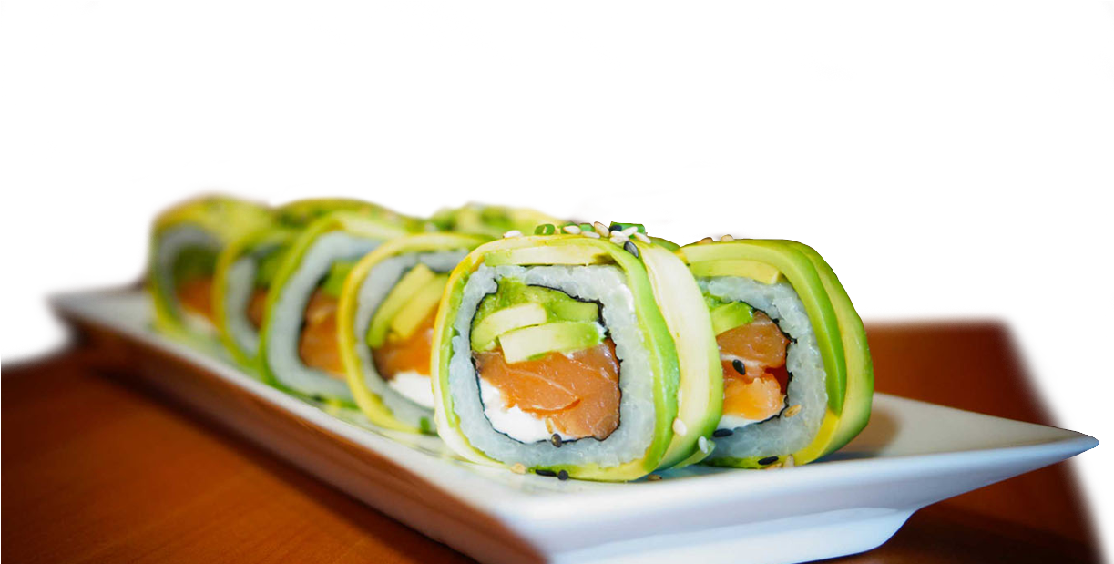 Assorted Sushi Rolls with Green Vegetable Centers on Rectangular Tray PNG Photo
