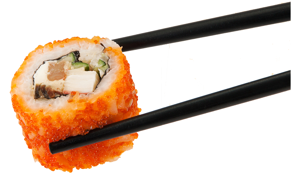 Black Chopsticks Holding a Salmon Avocado Sushi Roll PNG Food Cutout