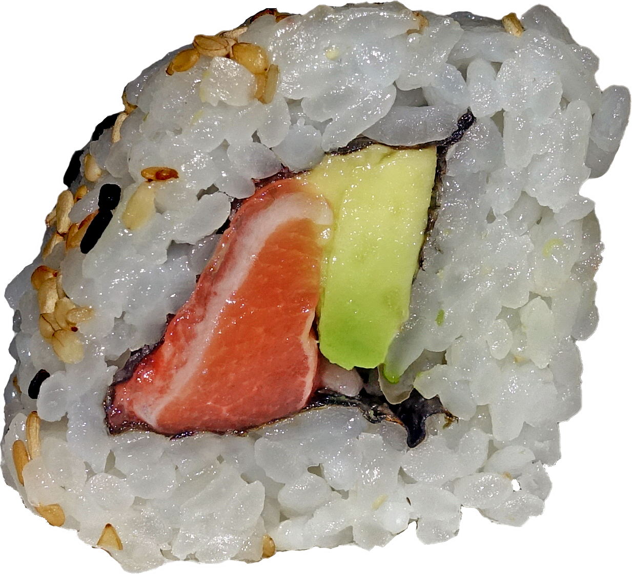 Black Rice and Salmon Sushi Roll Cross Section with Avocado PNG Food Cutout